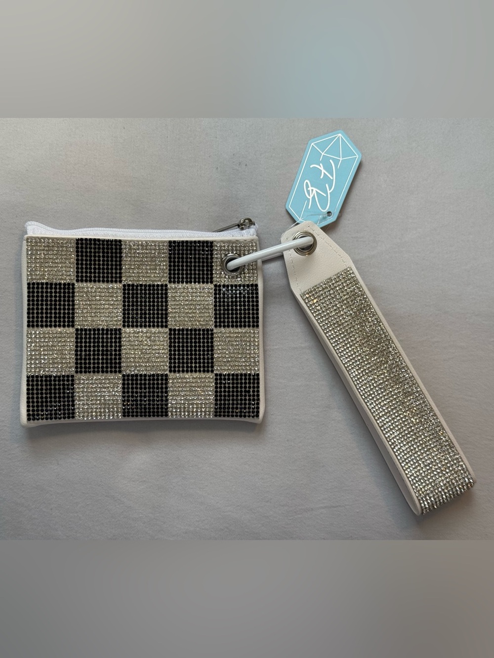 Black, Silver Crystal Beaded Checkered White Wristlet Pouch